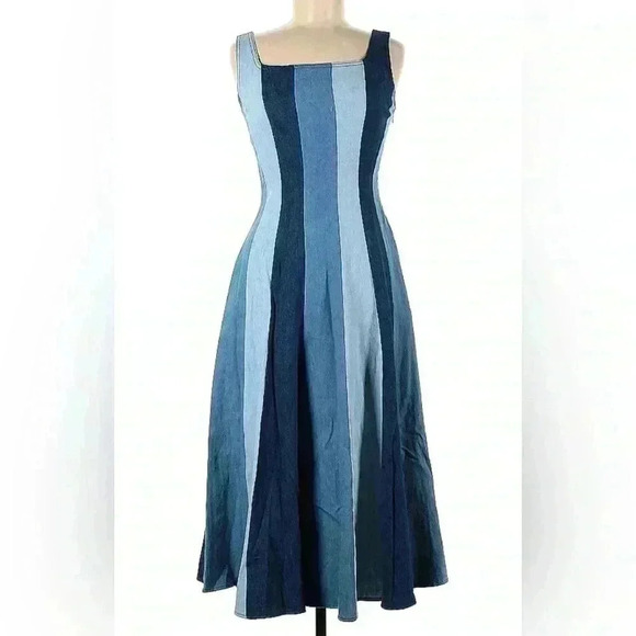 Farm Rio Anthropologie Midi Dress XS 0 2 Colorblock Denim Stripe Chambray $278 - Picture 9 of 10